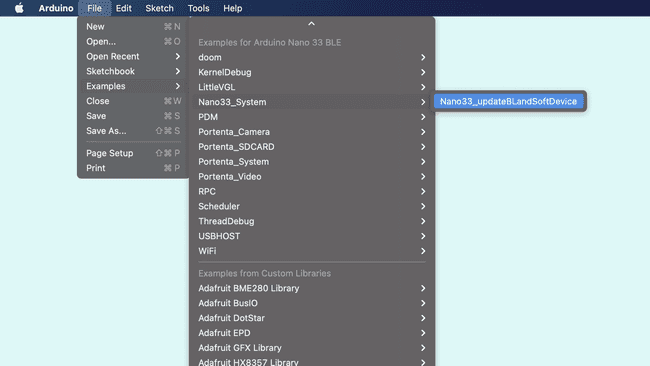 Arduino IDE examples, highlighting the Nano33_updateBootloader sketch