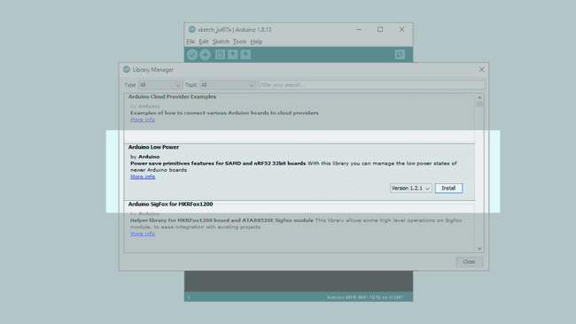 Install the Arduino Low Power library.
