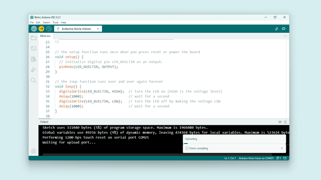 Uploading the Blink example from the Arduino IDE