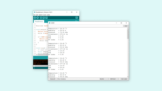 Printing the environmental data in the Serial Monitor.