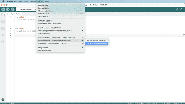 Change pin configuration in the Arduino IDE.