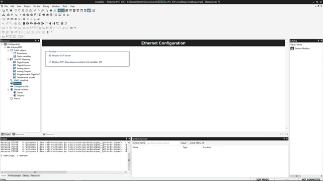 Arduino PLC IDE Resources panel, -> Ethernet configuration